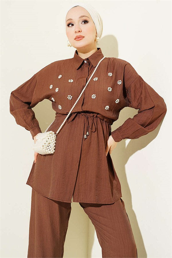 Pearl Flower Hidden Button Two-Piece Set Chestnut