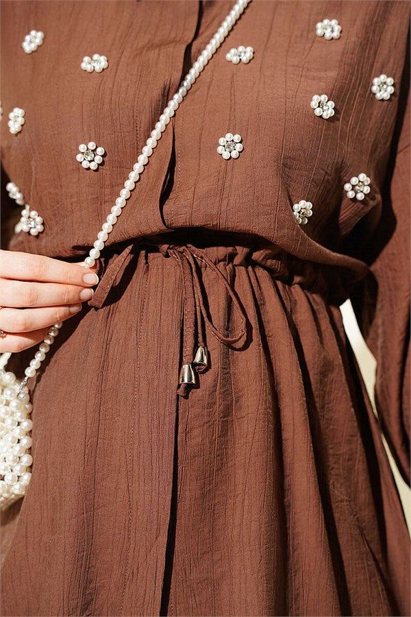 Pearl Flower Hidden Button Two-Piece Set Chestnut