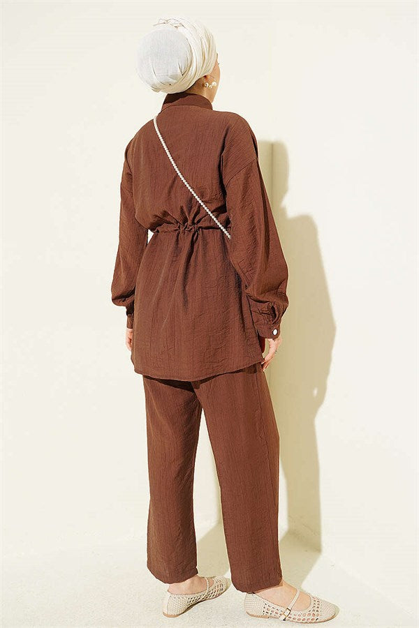 Pearl Flower Hidden Button Two-Piece Set Chestnut