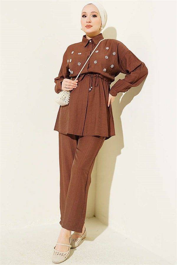 Pearl Flower Hidden Button Two-Piece Set Chestnut