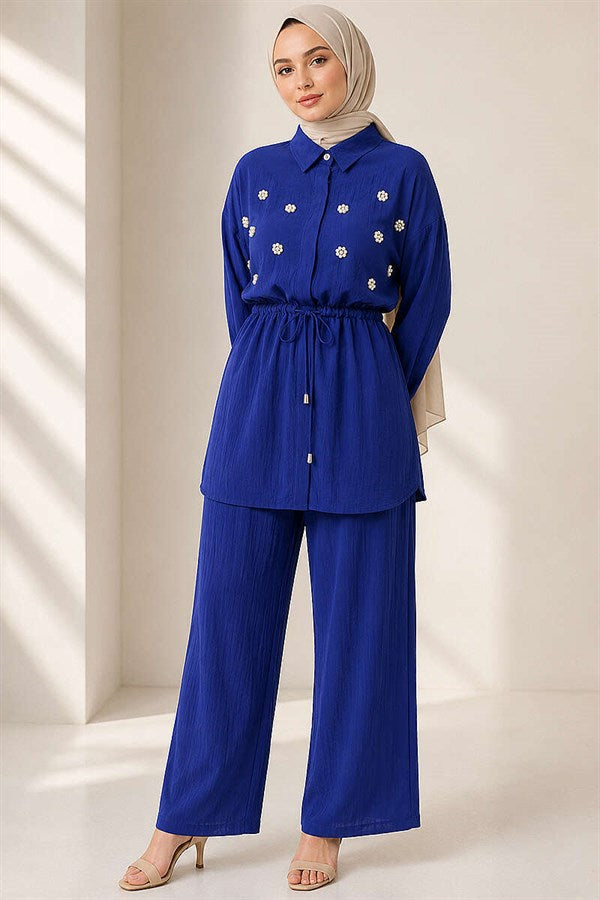 Pearl Flower Hidden Button 2 Piece Set, Navy Blue