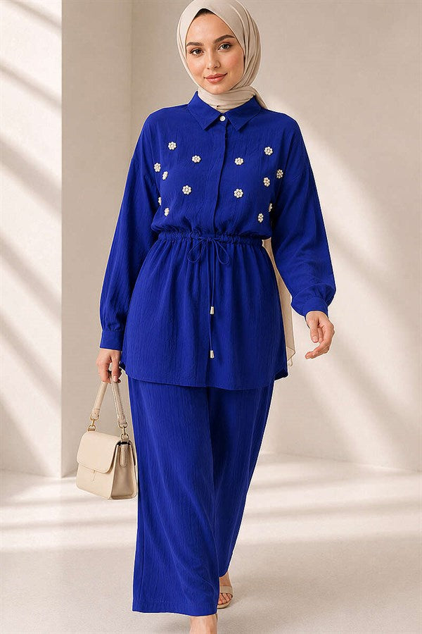 Pearl Flower Hidden Button 2 Piece Set, Navy Blue