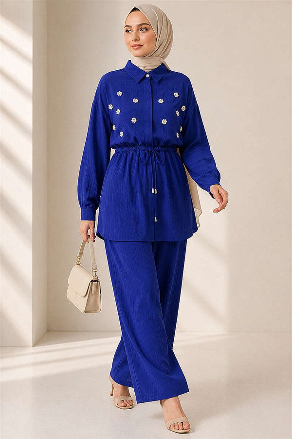 Pearl Flower Hidden Button 2 Piece Set, Navy Blue