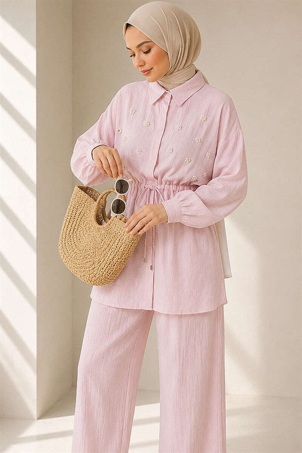 Pearl Flower Hidden Button 2 Piece Set Pink