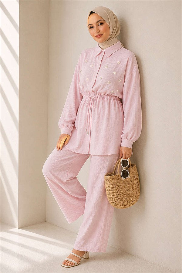 Pearl Flower Hidden Button 2 Piece Set Pink