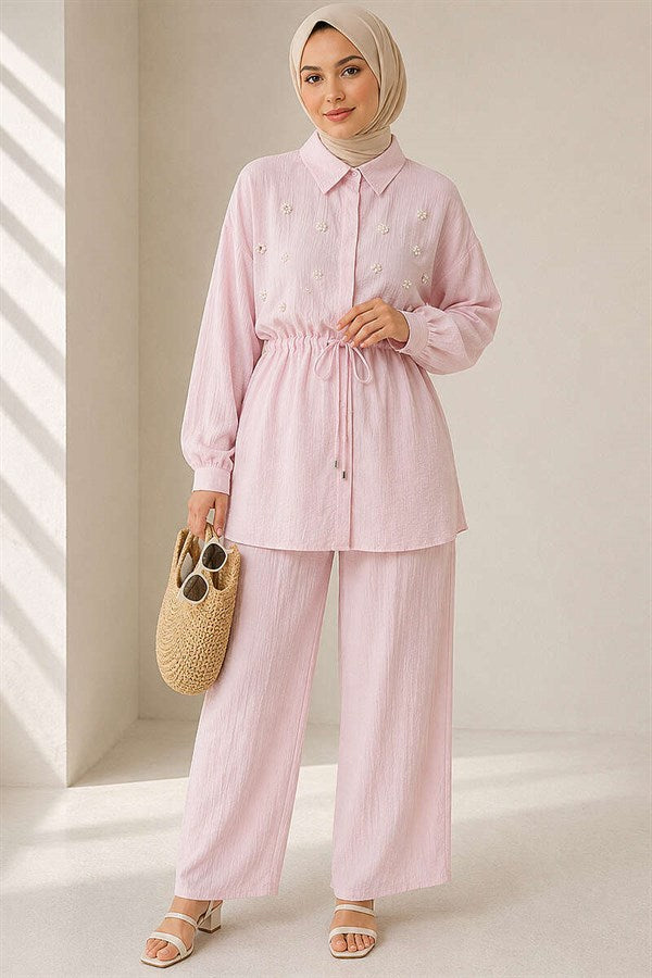 Pearl Flower Hidden Button 2 Piece Set Pink
