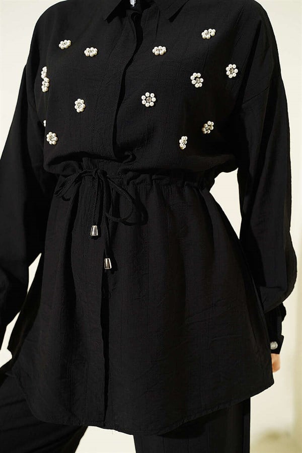 Pearl Flower Hidden Button 2 Piece Set, Black