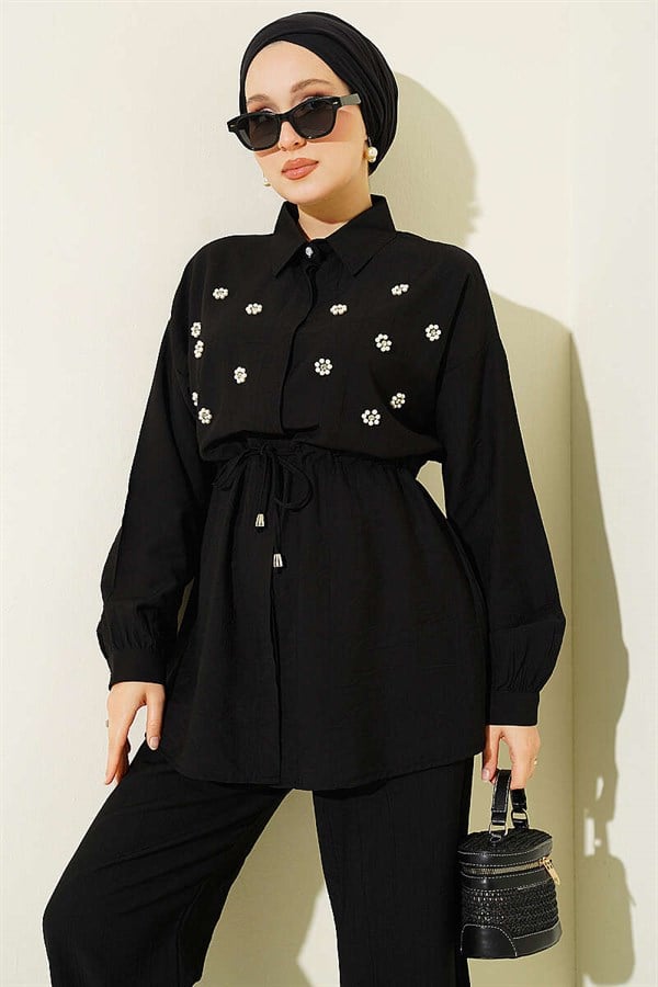 Pearl Flower Hidden Button 2 Piece Set, Black