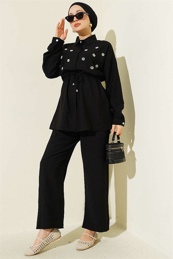 Pearl Flower Hidden Button 2 Piece Set, Black
