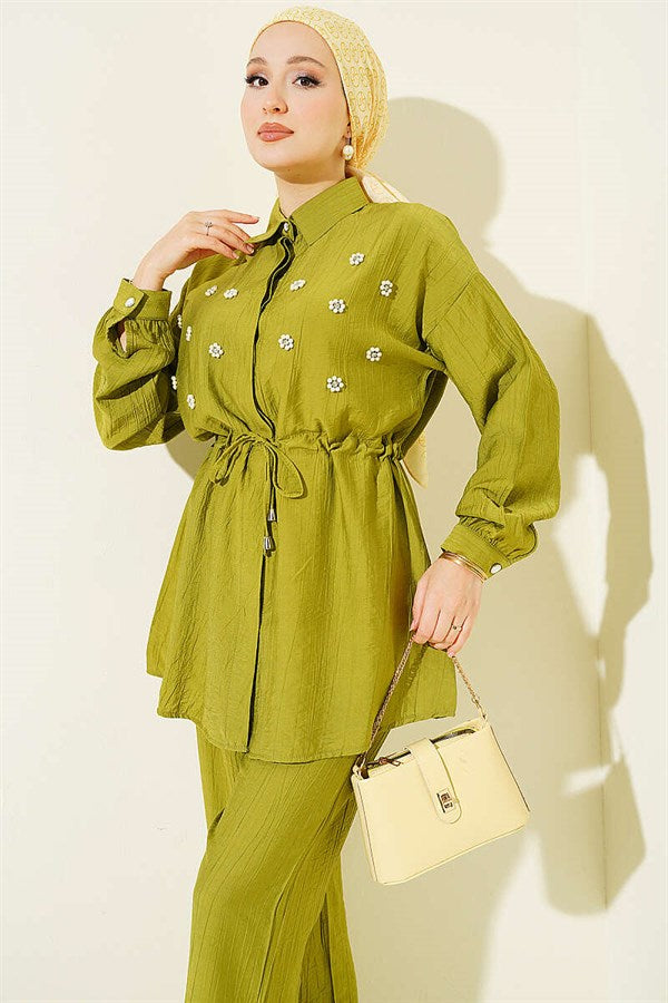 Pearl Flower Hidden Button 2 Piece Set in Olive Green