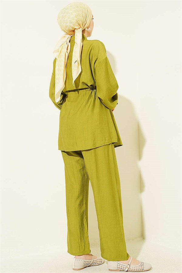 Pearl Flower Hidden Button 2 Piece Set in Olive Green