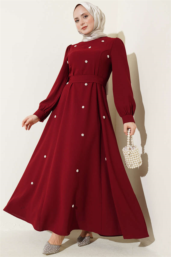 Burgundy Dress with Pearl Flower Belt