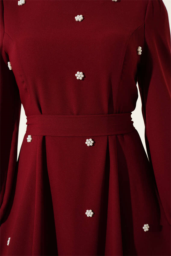 Burgundy Dress with Pearl Flower Belt