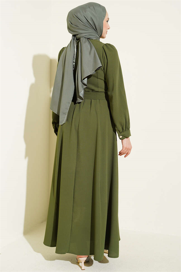 Pearl Flower Belted Dress Khaki