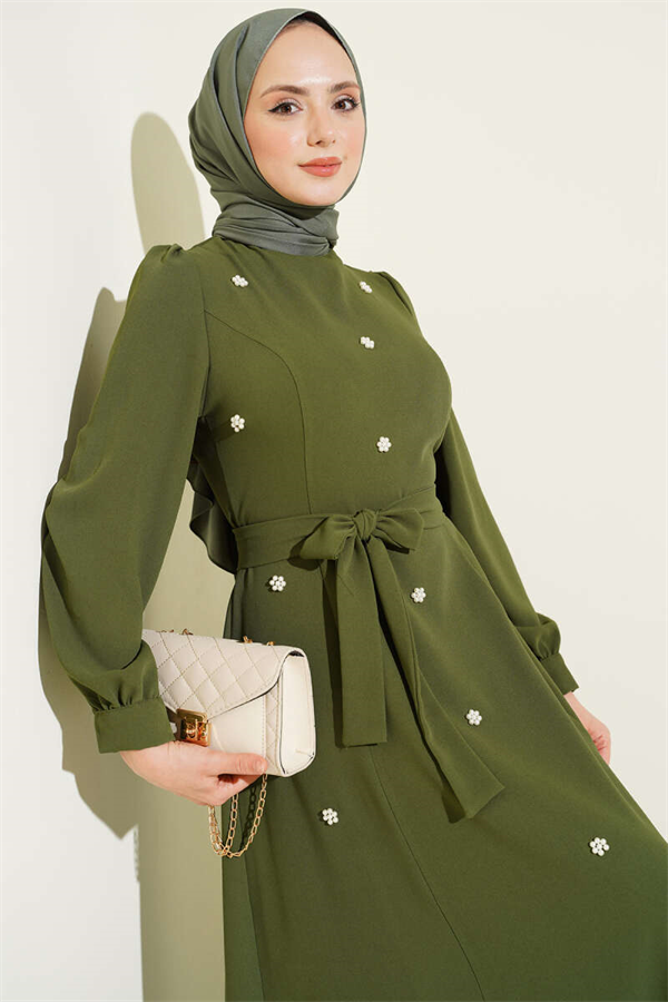 Pearl Flower Belted Dress Khaki