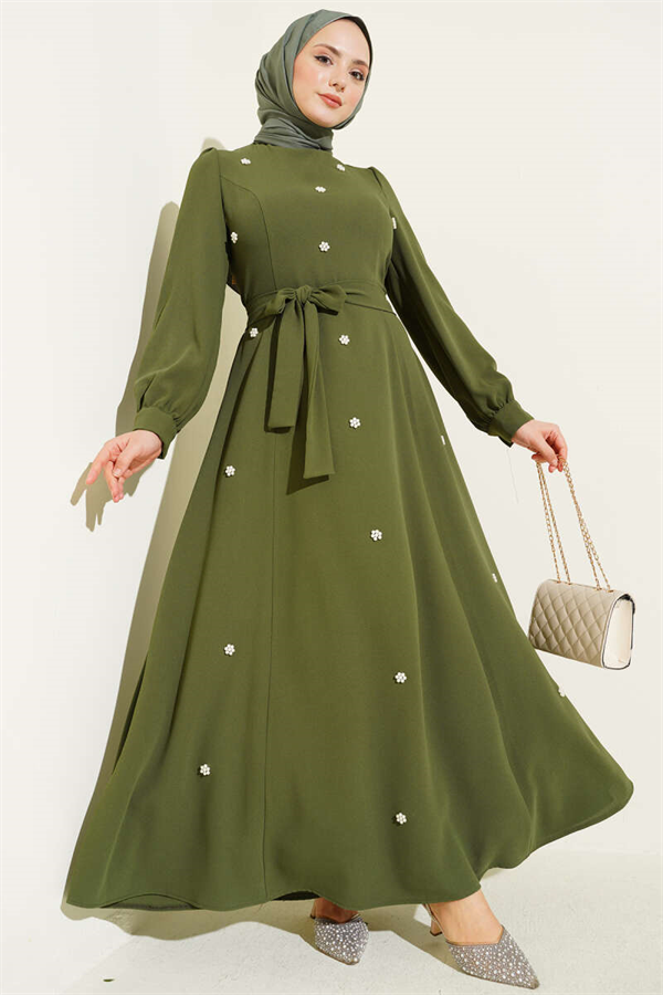Pearl Flower Belted Dress Khaki
