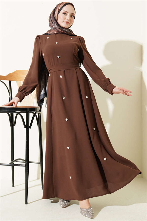 Pearl Flower Belted Dress Coffee