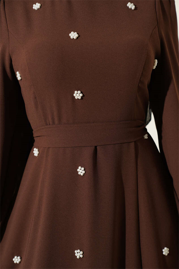 Pearl Flower Belted Dress Coffee