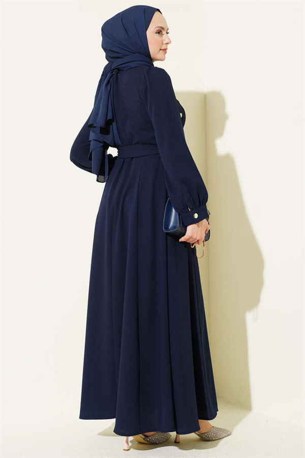 Navy Blue Dress with Pearl Flower Belt