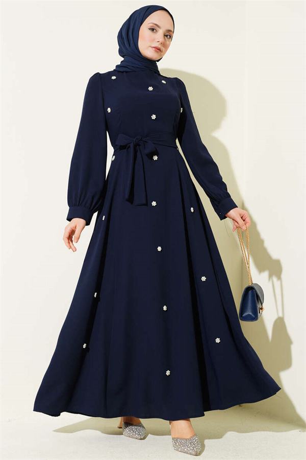 Navy Blue Dress with Pearl Flower Belt