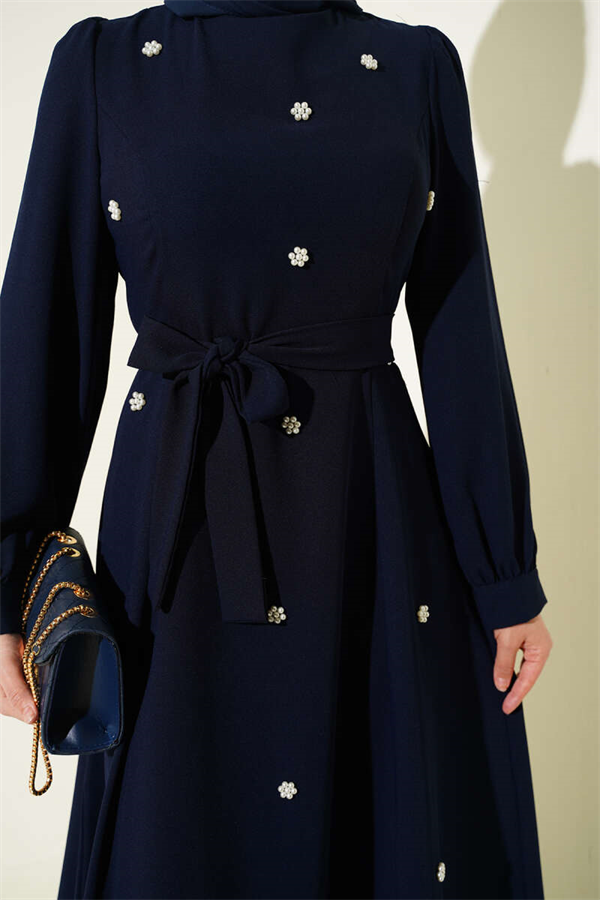 Navy Blue Dress with Pearl Flower Belt