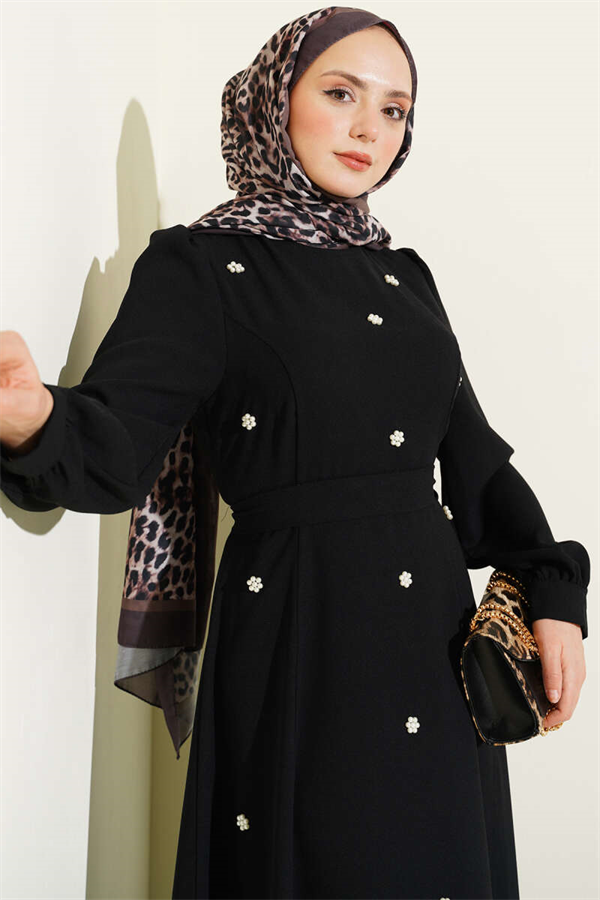 Pearl Flower Belted Dress Black