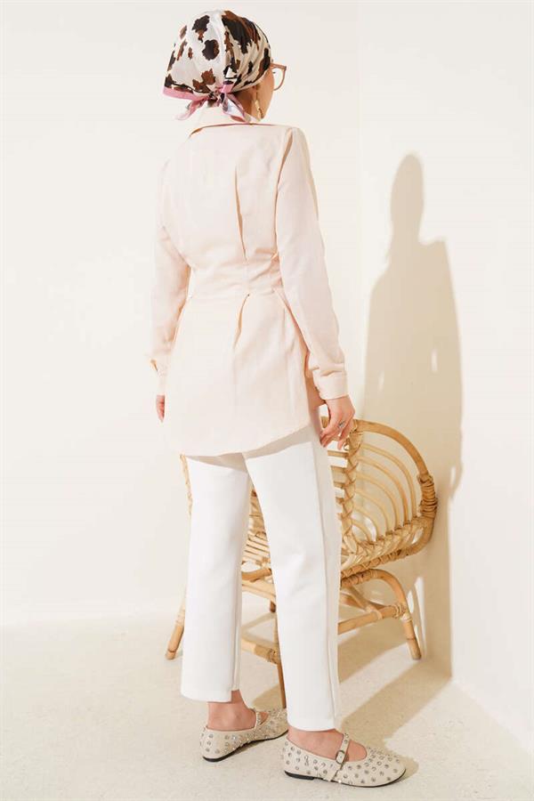 Pearl Detailed Waist Pleated Shirt Beige