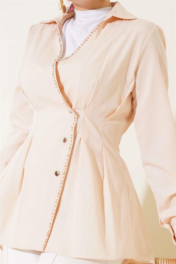 Pearl Detailed Waist Pleated Shirt Beige