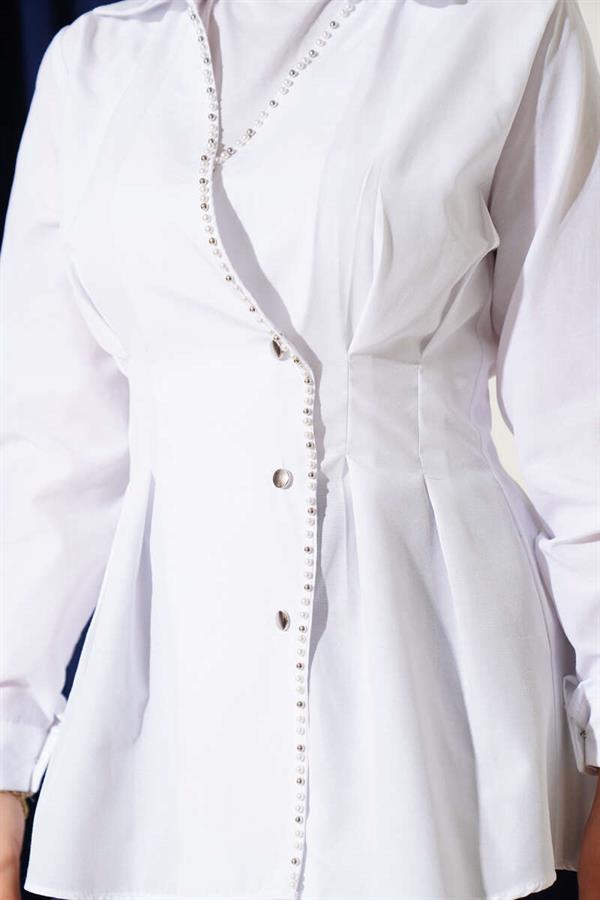 Pearl Detailed Waist Pleated Shirt White