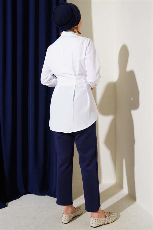 Pearl Detailed Waist Pleated Shirt White
