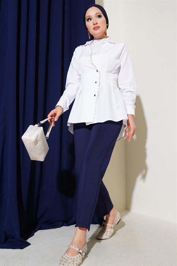 Pearl Detailed Waist Pleated Shirt White