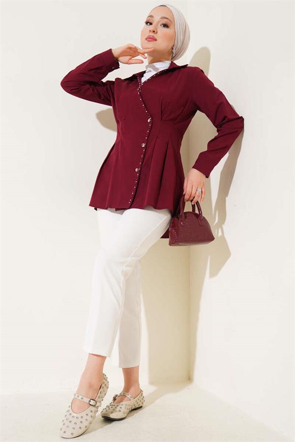 Pearl Detailed Waist Pleated Shirt Burgundy