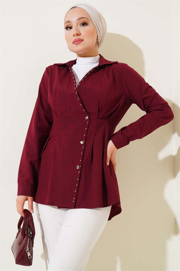 Pearl Detailed Waist Pleated Shirt Burgundy
