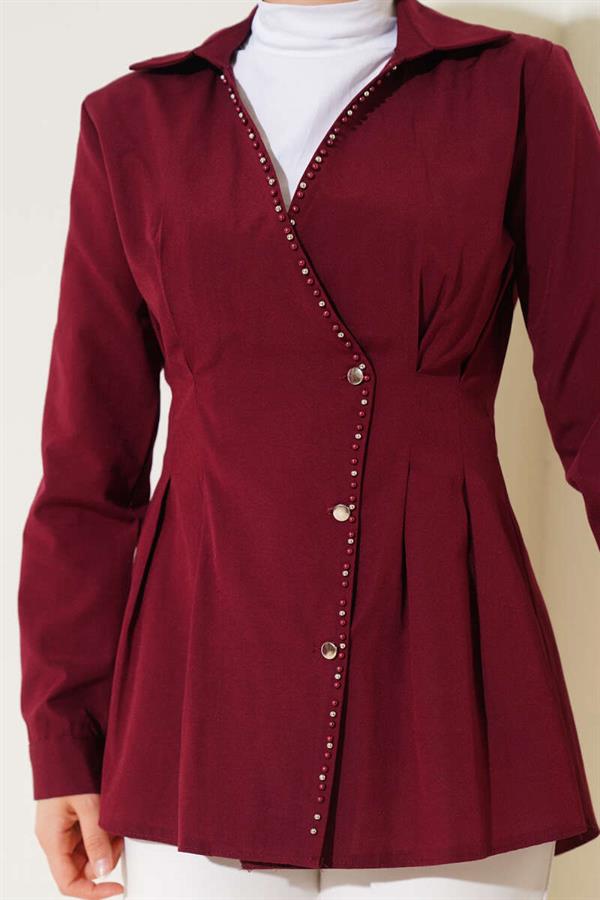 Pearl Detailed Waist Pleated Shirt Burgundy