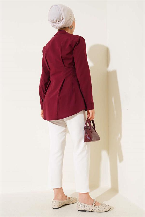 Pearl Detailed Waist Pleated Shirt Burgundy