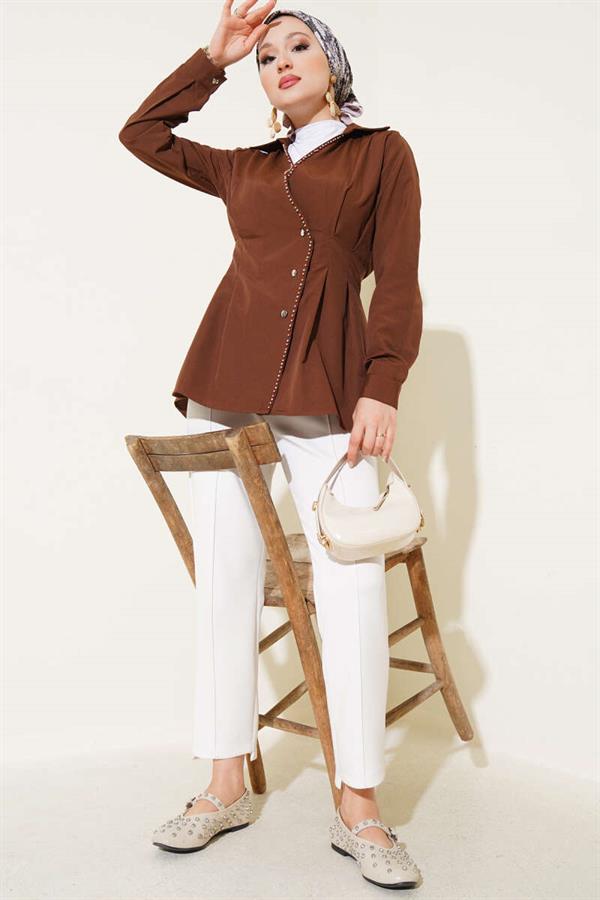 Pearl Detailed Waist Pleated Shirt Brown