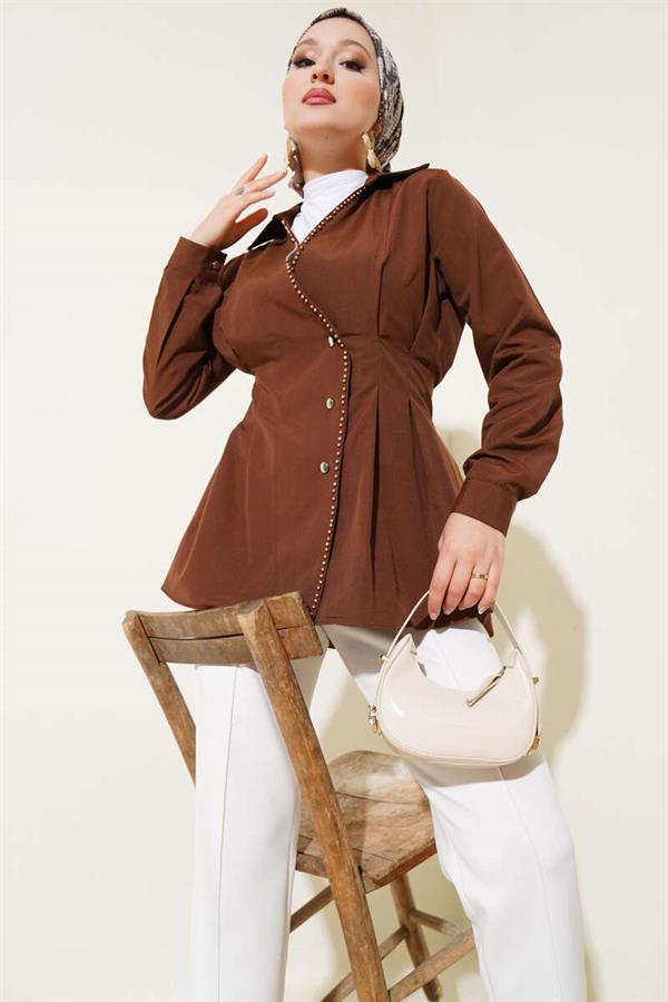 Pearl Detailed Waist Pleated Shirt Brown