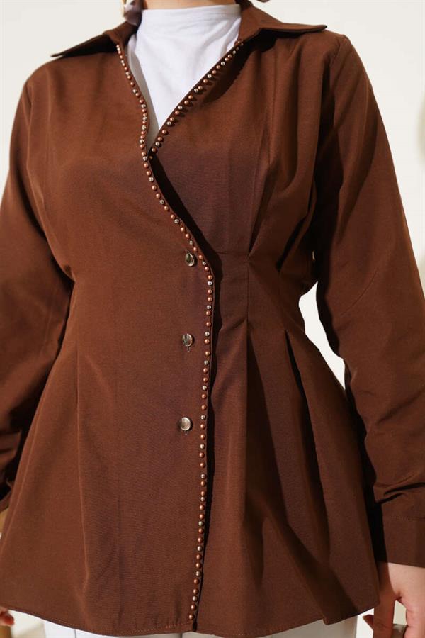 Pearl Detailed Waist Pleated Shirt Brown