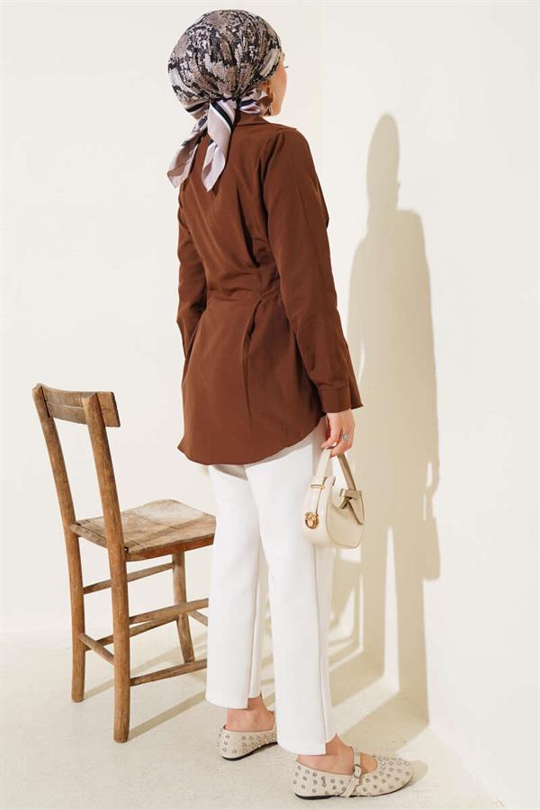 Pearl Detailed Waist Pleated Shirt Brown