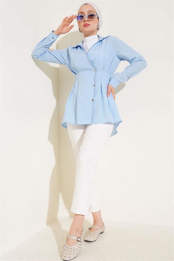 Pearl Detailed Waist Pleated Shirt Blue
