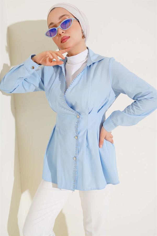 Pearl Detailed Waist Pleated Shirt Blue