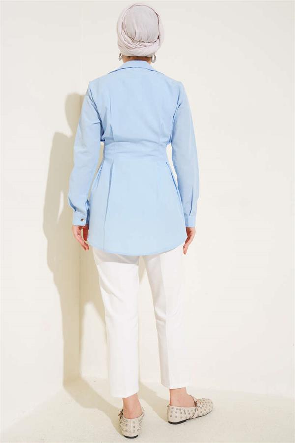 Pearl Detailed Waist Pleated Shirt Blue