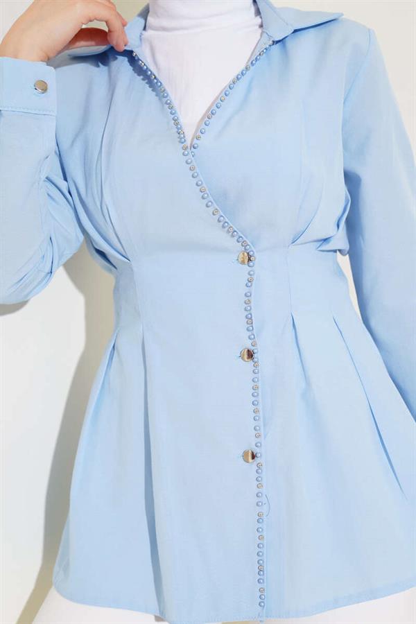 Pearl Detailed Waist Pleated Shirt Blue