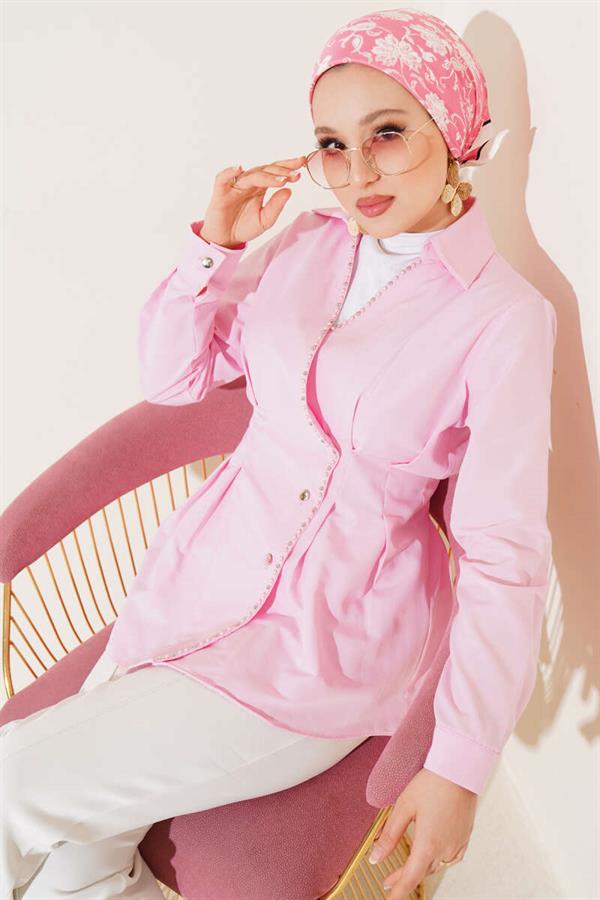 Pearl Detailed Pleated Waist Shirt Pink