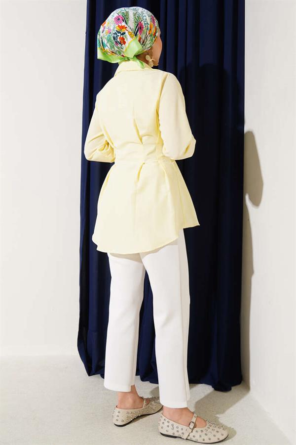 Pearl Detailed Waist Pleated Shirt Yellow