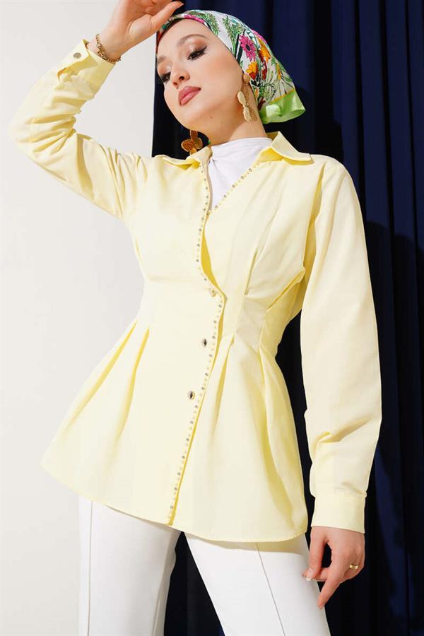 Pearl Detailed Waist Pleated Shirt Yellow
