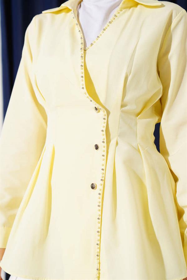 Pearl Detailed Waist Pleated Shirt Yellow