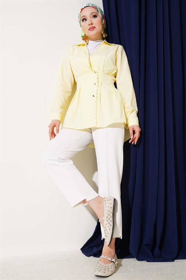 Pearl Detailed Waist Pleated Shirt Yellow