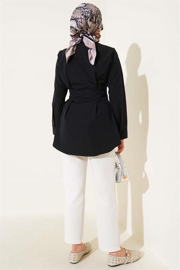 Pearl Detailed Waist Pleated Shirt Black