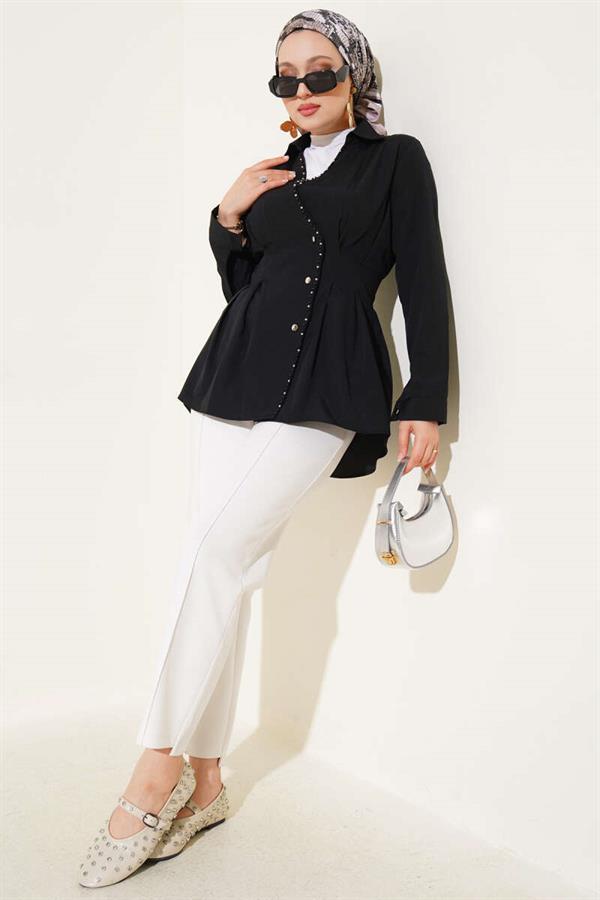Pearl Detailed Waist Pleated Shirt Black